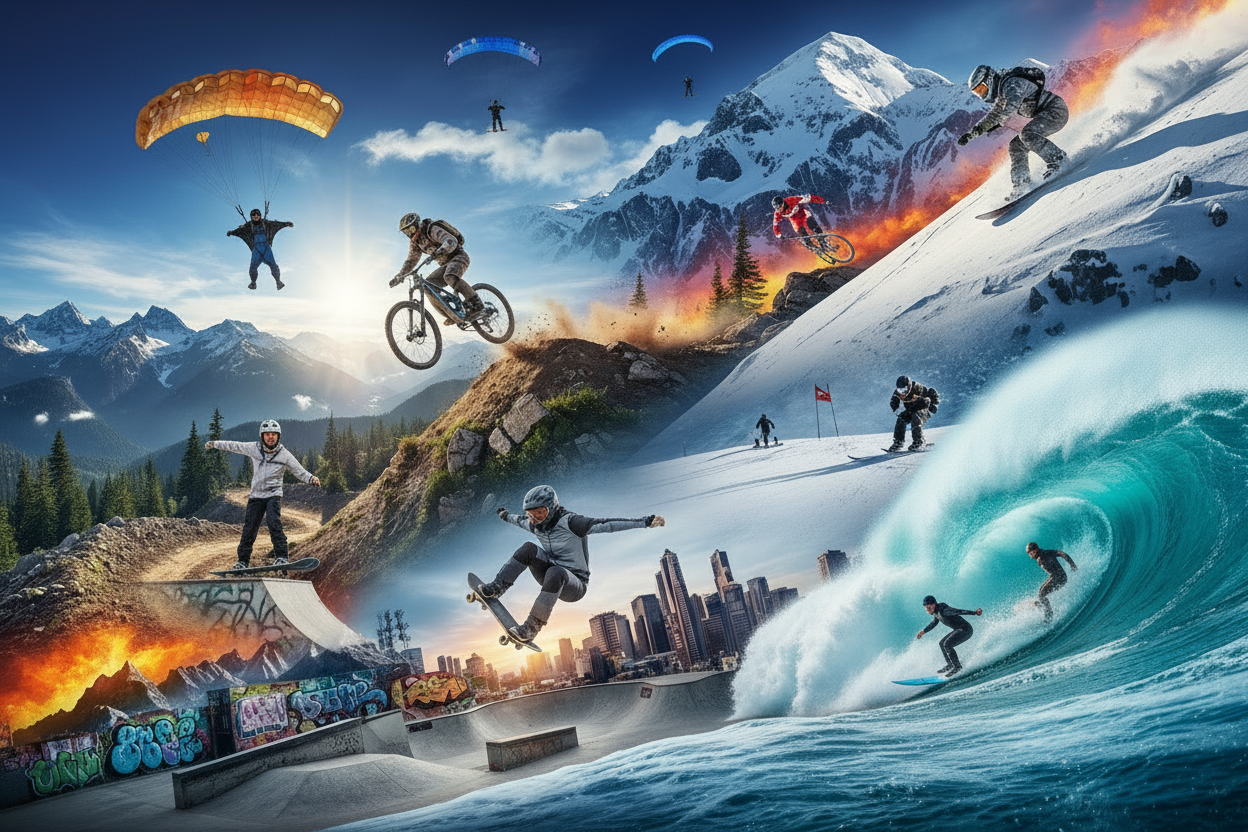 Epic extreme sports collage with surfers